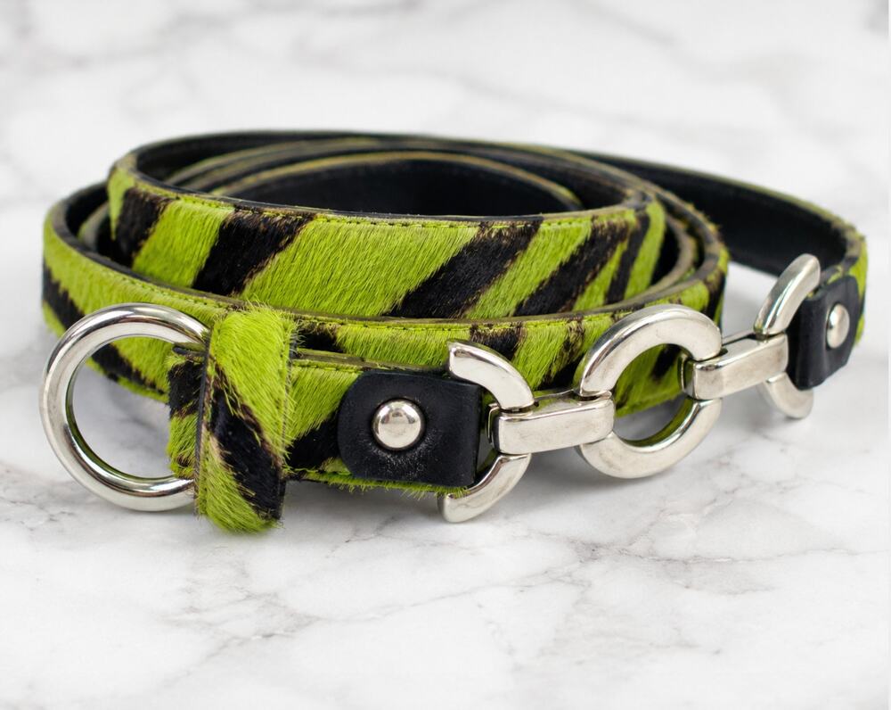 Carlisle Green Zebra Calf Hair Leather Skinny Belt Silver Hardware L Narrow